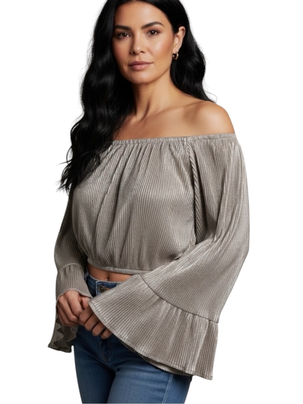 She + Sky Metallic Pleated Off-Shoulder Crop Top Silver Small